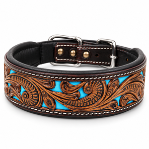 Collar de perro de cuero repujado turquesa estilo western con almohadillas para el cuello |   Collar Canino Ajustable con Hebilla Cosida y Duradera - Product Image 1