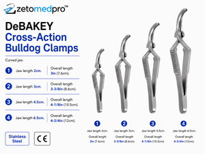 Pinzas DeBAKEY Cross-Action Bulldog con Mordazas Curvas, Múltiples Tamaños: 2cm, 3cm, 4.5cm, 6.5cm, 7.6cm, 8.6cm, 10.5cm, 12cm, ZETOMEDPRO - Product Image 3