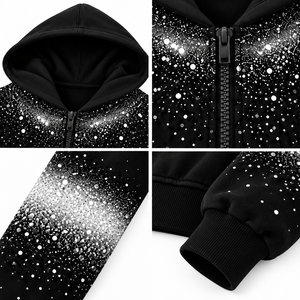 เสื้อฮู้ดซิปแบบยูนิเซ็กซ์ ผ้าฝ้าย 100% ซับในด้วยผ้าฟลีซ พิมพ์ลายดิจิทัลด้านหน้า ทรงบ็อกซี่ สีดำไล่เฉดลายดาว เสื้อครอป สไตล์ฮิปฮอป สตรีทแวร์ - Product Image 4