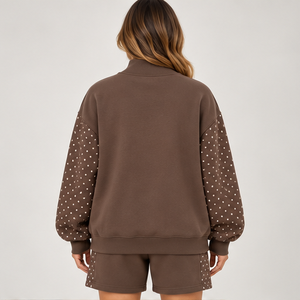 Women's Brown Polka Sleeve Mock Neck 2-Piece <b>Shorts</b> <b>Set</b> Custom Casual Sportswear - Product Image 2