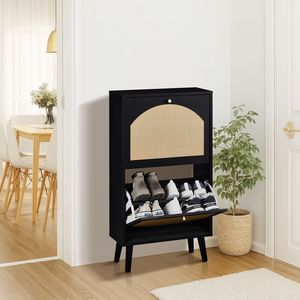 Scarpiera Nera con Superficie in Rattan, 2 Contenitori Ribaltabili, Design ad Arco con Gambe Alte, 54x24x98cm, Struttura in Truciolato, Rattan Sintetico - Product Image 1