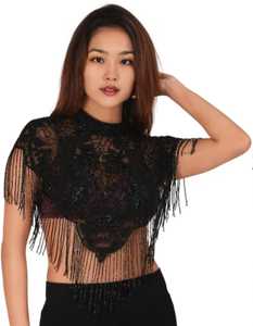 Black Beaded Lace <b>Fringe</b> <b>Crop</b> <b>Top</b> Polyester Material Chandni Export House - Product Image 1