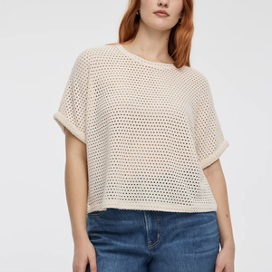 เสื้อคอกลมแขนสั้นถักสีครีมสีทึบทรงหลวมสวมใส่สบายสำหรับผู้หญิง - Product Image 1