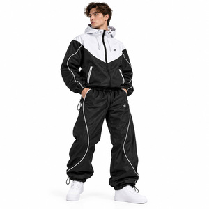 Wholesale Men's <b>Black</b> White Colorblock <b>Windbreaker</b> Sporty Set Hooded Piping Jacket Baggy Pants Set Urban Streetwear Activewear - Product Image 1