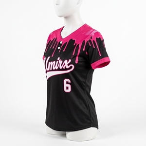 Maillot de softball personnalisé noir et rose pour femmes, à deux boutons, avec motif goutte de peinture, entièrement sublimé, nom, numéro, uniforme d'équipe pour filles - Product Image 4