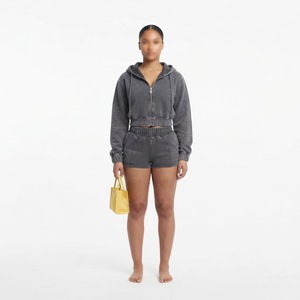 Conjunto de Sudadera con Capucha y Pantalones Cortos Casuales para Mujer, Color Gris Lavado al Ácido, Top Corto con Cierre y Manga Larga, Conjunto de 2 Piezas - Product Image 2