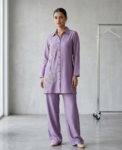 Ensemble chemise et pantalon pour femme en coton et lin mélangé, violet, coupe classique, longueur au sol, style décontracté, style Inde Pakistan, 2 pièces - Product Image 1