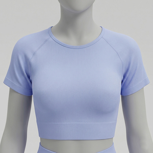 Ensemble de yoga 2 pièces pour femme, couleur unie, sans couture, crop top délavé, short taille mi-haute, vêtements de sport, Spandex Polyester - Product Image 4