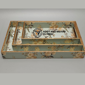 ชุดถาดเสิร์ฟลายเรขาคณิตสีเขียว 3 ชิ้น ทำจาก MDF และกระดาษ ถาดซ้อนกันได้ สำหรับตกแต่งบ้านและเสิร์ฟอาหารอย่างมีสไตล์ - Product Image 1