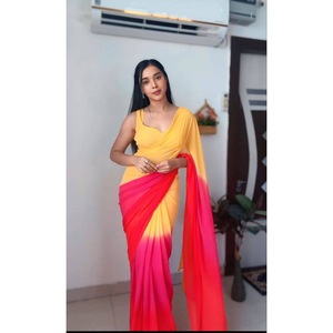 DISEÑADOR GEORGETTE IMPRESIÓN DIGITAL MULTICOLOR TRABAJO LISTO para USAR SAREE y BLUSE DESCOSTADA AMARILLO - Product Image 1