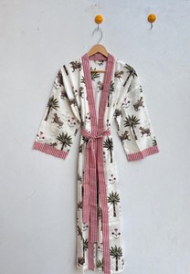 Bata Kimono de Algodón 100% Tejido con Estampado de Dibujos Animados para Mujer, Camisón de Verano Hecho a Mano, Cuello en V, Cintura Elástica, Largo Completo, ODM - Product Image 6