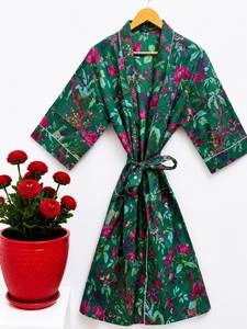 Bata de lujo para mujer con estampado floral, cuello en V, cordón ajustable, manga 3/4, largo hasta el tobillo, 100% algodón, transpirable, lavable a máquina - Product Image 1