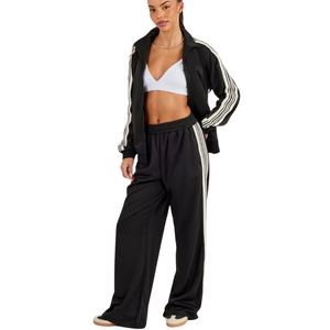 Conjunto Deportivo de Dos Piezas para Mujer con Cremallera Completa, Cuello Alto, Top de Manga Larga con Rayas en Contraste y Pantalones de Pierna Ancha con Cintura Elástica - Product Image 1