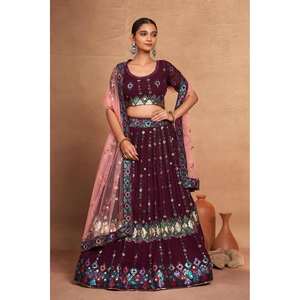 VESTIDO DE NOVIA GEORGETTE BORDADO SECUENCIA TRABAJO LEHENGA CHOLI CON DUPATTA VINO - Product Image 1