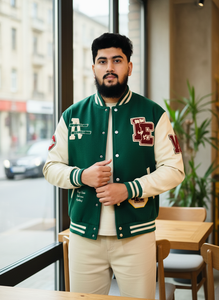 <b>Men's</b> Spring Breathable Windproof Double Breasted Varsity <b>Jacket</b> with Embroidery Logos for <b>Men</b> Wool Body Genuine Leather Sleeves - Product Image 5