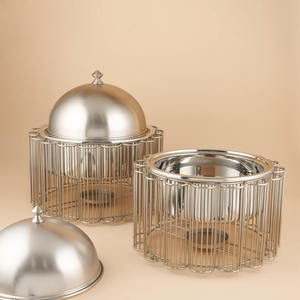 Premium Round Silver Chafing Dish Vertical Metal Pillar Cage <b>Stand</b> Stainless Steel Buffet Warmer with Dome Lid Single Unit - Product Image 2