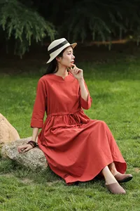Women Casual Cotton Maxi <b>Dress</b> <b>Long</b> Sleeve Loose Fit Red Color <b>Boho</b> Style Flowy <b>Long</b> <b>Dress</b> - Product Image 4