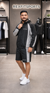 REXFIT SPORTS 2026 Custom Mens Black <b>Silver</b> Nylon Tracksuit 2 Piece Hooded Zip <b>Jacket</b> Shorts Set Private Label Sportswear - Product Image 2