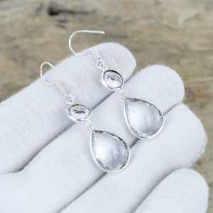 ต่างหูห้อยประดับพลอยไวท์โทแพซ เงินแท้ 925 ทำมือ ดีไซน์หรูหรา เหมาะสำหรับงานปาร์ตี้ ของขวัญวันครบรอบแทนความรัก - Product Image 2