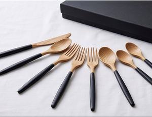 Elegant <b>Wooden</b> Cutlery <b>Set</b> With Black Handles Minimalist Design Eco Friendly Camping Flatware <b>Spoon</b> Fork Knife Long Handle - Product Image 5