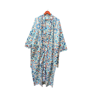 Bata de algodón con estampado artesanal, estilo kimono, larga, azul floral, para descansar, con lazo en la cintura y bolsillos, ligera - Product Image 1