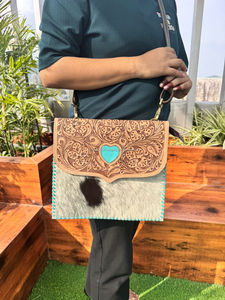 Real Cowhide Fur Leather Handbag Turquoise <b>Stone</b> Hand Tooled Leather Sling Bag Gypsy Boho Handmade Western Stylish Multi Use Bag - Product Image 2