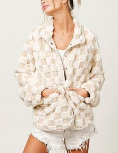 Premium Hot Selling <b>Women's</b> Cream Checkerboard <b>Sherpa</b> <b>Jacket</b> Embossed Grid Jacquard Snap Closure Patch Pockets Bound Edges OEM - Product Image 3