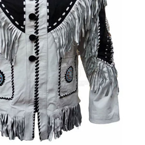 Premium <b>White</b> Cowhide Leather <b>Men</b> Fringe <b>Jacket</b> Retro Turn Down Collar Embroidery Geometric Pattern OEM Customization Available - Product Image 5