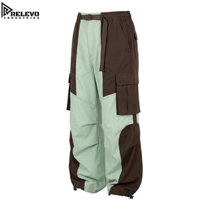 Pantalon cargo en toile fendue marron foncé et vert menthe de haute qualité pour homme, coupe ample et large avec ceinture intégrée - Product Image 3