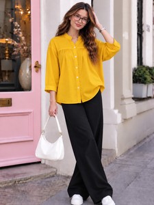 Women's Yellow Linen Blouse <b>Mandarin</b> <b>Collar</b> Three Quarter Sleeve Button Down Casual Loose Fit Spring Summer Top - Product Image 4