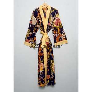 Nouvelle robe kimono en coton 100% avec bande frontale à motif, imprimé oiseaux, robe de bain, robe longue style bohème - Product Image 3