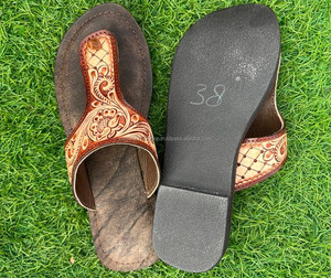 Real Handmade Genuine Women Western Style <b>Tooled</b> Cowhide <b>Leather</b> Casual Outdoor Flipflop Flat Brown Footwear Open Toe Sandal - Product Image 6