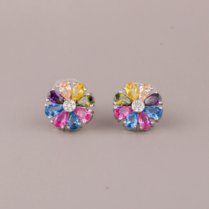 Flower Shape <b>Stud</b> <b>Earrings</b> With Multicolor <b>Crystal</b> Rhinestones Silver Plated Alloy Women's Cute Jewelry Gift - Product Image 3