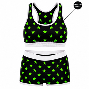 Ensemble de sport respirant pour femme Cosh International Sisterhood Sorority, soutien-gorge et short imprimés étoiles noires et vertes, vêtements de sport - Product Image 1