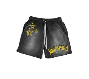 Pantalones Cortos de Felpa Vintage Personalizados con Borde sin Rematar, Estampado 3D con Efecto Desgastado, Lavado Ácido y Detalles Desgastados para Hombre - Product Image 2