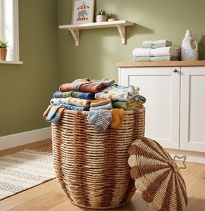 Handwoven Paper Material Kids Toy Storage <b>Basket</b> <b>with</b> <b>Lid</b> Striped Natural Woven Laundry Hamper, Nursery Storage Bin from Vietnam - Product Image 6