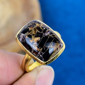Natural Black <b>Shell</b> Copper <b>Cushion</b> Shape Gemstone Ring 18k Gold Micron Over 925 Sterling Silver - Product Image 1