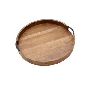 Plateau de service rond moderne en bois avec poignées métalliques, idéal pour la cuisine et la salle à manger, pour les collations et les boissons, écologique et décoratif. - Product Image 4