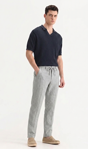 Enovate Stripped Lenin Men's Mid Waist Lightweight Breathable Summer <b>Trousers</b> with <b>Drawstring</b> Closure SLT 01 ODM - Product Image 1