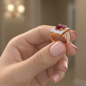 Bague en or et rubis exquise, design géométrique rectangulaire avec halo, bijoux de mode pour mariage et soirée pour femmes - Product Image 5