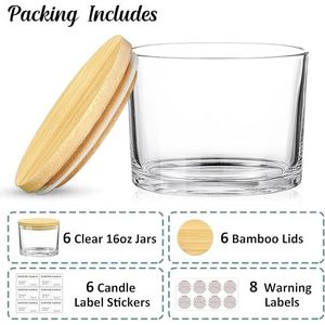 6 Pack <b>Large</b> Glass Candle Jars with Bamboo Lids Empty Vessels for Candle Making Wick Holder <b>Lanterns</b> - Product Image 3