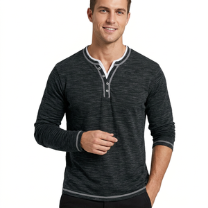 <b>Men's</b> Long Sleeve Polyester Henley T-<b>Shirt</b> V-Neck Contrast Trim Front Casual Knitted Solid Color Regular Fit Button-Up <b>Stretch</b> - Product Image 2