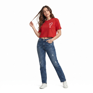 Green Custom Cropped T-Shirt Women's Casual Short Sleeve Crew Neck women's shirt Solid Color <b>Heart</b> Print Cotton <b>Top</b> Summer Wear - Product Image 5