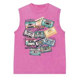 Débardeur sans manches en coton tricoté avec imprimé cassette, col rond, style décontracté, logo frontal - Product Image 1