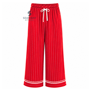 Delta| Sigma |Theta Women's Striped Pajama Set Button Front Long Sleeve Sleepwear Contrast Trim Lounge <b>PJs</b> With Drawstring Pants - Product Image 4