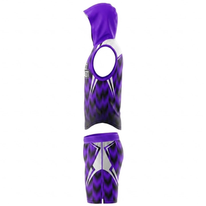 Conjunto de chaleco sin mangas con capucha y pantalones cortos con patrón de rayas moradas, ropa deportiva ajustada que absorbe la humedad para adultos, para todas las estaciones - Product Image 5