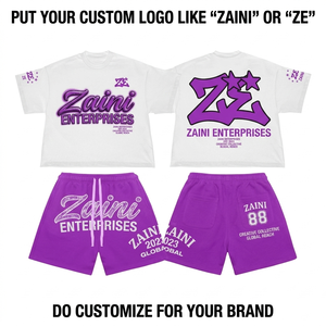 320 GSM Heavyweight French Terry T Shirt and Shorts Set White <b>Purple</b> Custom DTF Puff Print Logo Premium Quality - Product Image 1