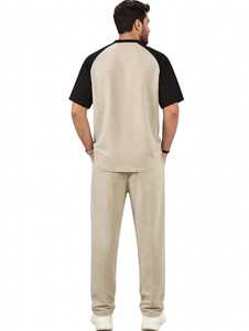 <b>Men's</b> Cotton Breathable Summer 2 in 1 Color Block <b>Henley</b> T-<b>Shirt</b> & Drawstring Pants Set Casual Short Sleeve - Product Image 3