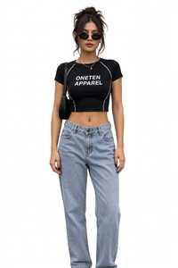 ONETEN APPAREL Women's <b>Black</b> <b>Crop</b> <b>Top</b> <b>Short</b> <b>Sleeve</b> Crew Neck Slim Fit Casual Jersey T-Shirt Spring Summer Wear - Product Image 2