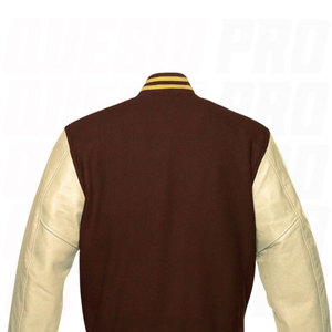 Custom Brown Wool Varsity <b>Jacket</b> with Beige <b>Leather</b> Sleeves Yellow Striped Letterman Baseball Bomber <b>Jacket</b> for <b>Men</b> Wholesale - Product Image 4